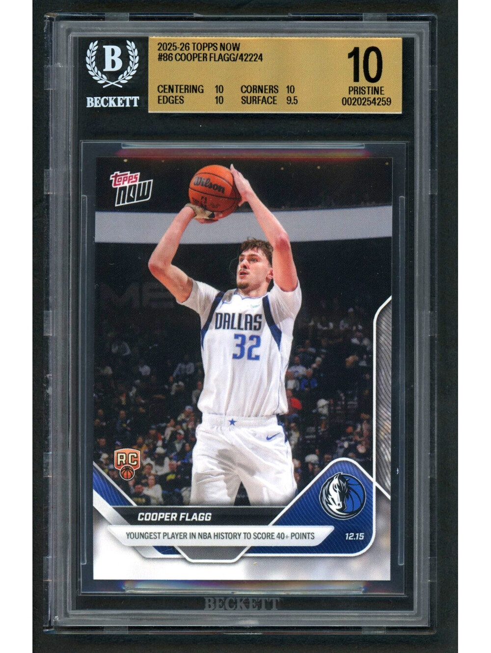 2025 Topps NOW: # 86 Cooper Flagg Youngest To Score 40 (RC) BGS 10 Pristine